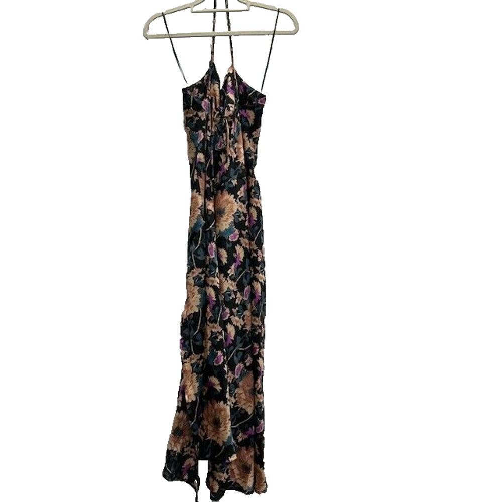 Astr The Label Womens Gaia Maxi Slip Dress Floral Satin Black Front Slit Size M